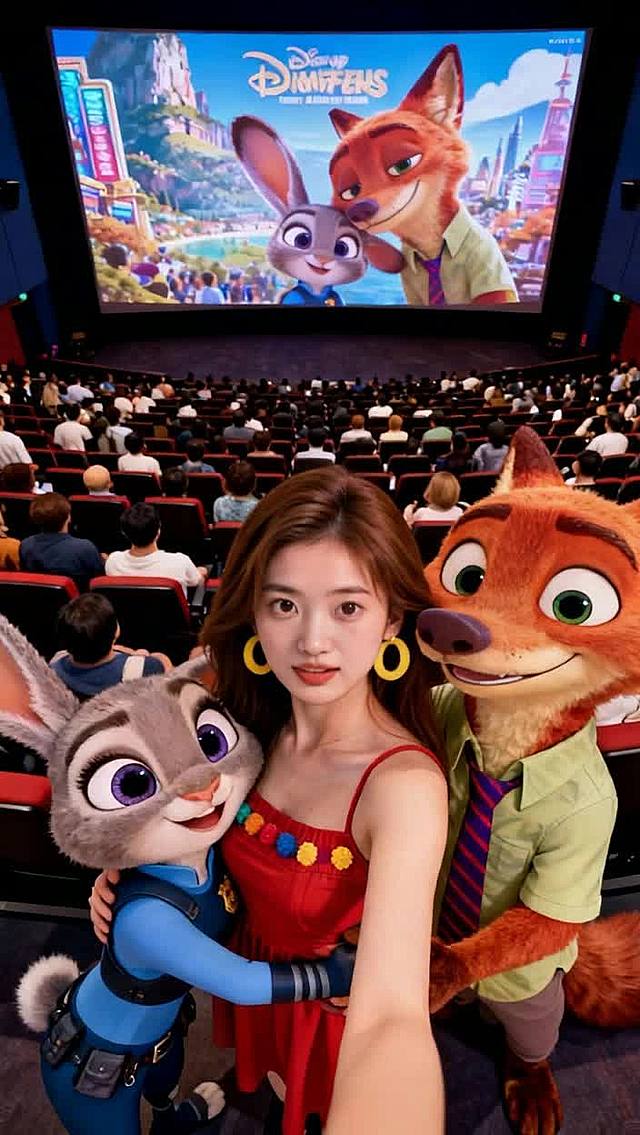 背景为超大电影院坐满了观众，人物背对银幕，银幕显示图2形象的拓展剧情海报填满全屏。让尼克和朱迪玩偶亲昵地拥抱中间的人物，最后三者一起对着镜头露出开心的微笑，整体风格很温馨有趣，充满人物与动画IP联动的欢乐氛围，画面色彩鲜艳、细节生动，呈现出治愈又可爱的视觉效果。