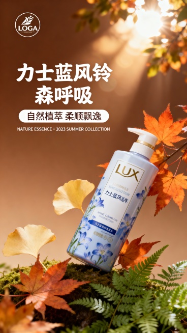 力士蓝风铃洗发水瓶身置于画面右侧，瓶身倾斜30度，周围环绕暖橙色枫叶、浅黄银杏叶和绿色蕨类植物，背景为渐变暖棕色调，顶部有阳光透过树叶的光斑效果。左侧上方为品牌LOGO，中间主标题“力士蓝风铃 森呼吸预览效果
