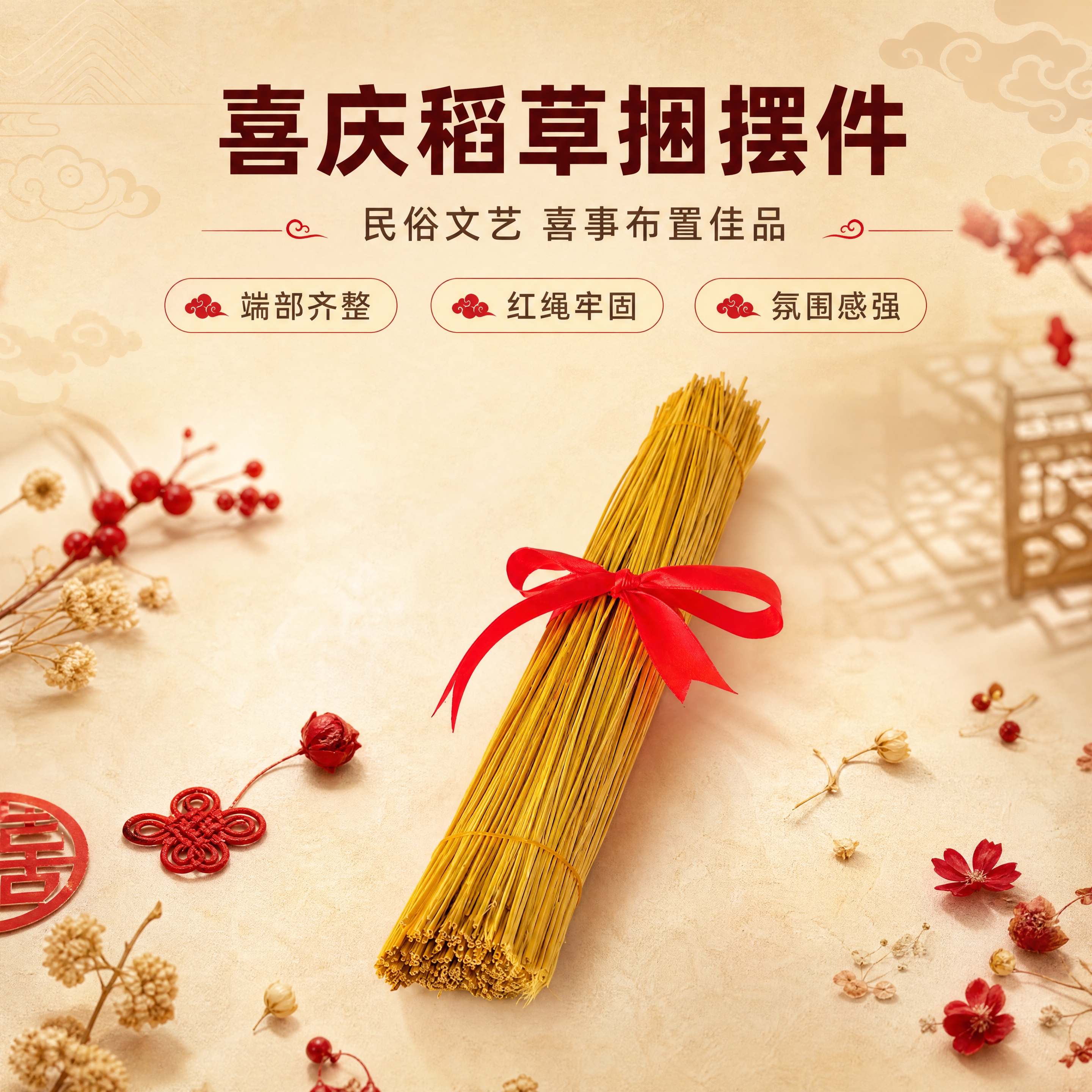 [商品] 使用【图1】去尾稻草捆红绳摆件；保留稻草金黄色泽、红… - 图片创意预览