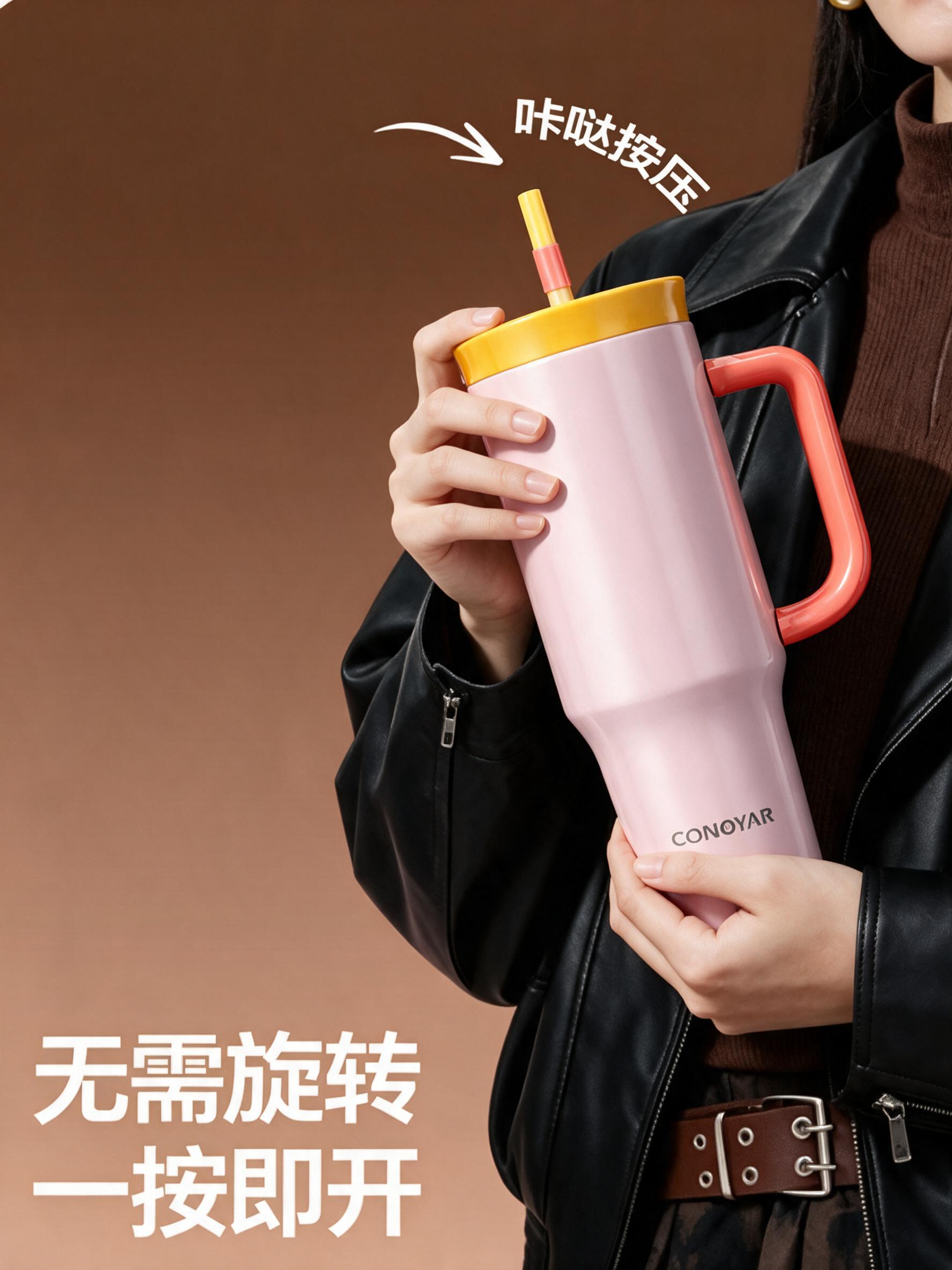 将图中人物手持的粉色水杯替换为图二的浅粉色水杯，严格按照图二水… - 图片创意预览