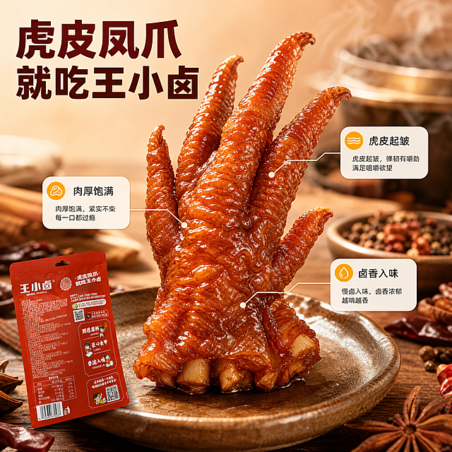 [主图-2] 王小卤 虎皮凤爪 即食卤味零食——核心亮点与选材，亮点导图。
[统一基调] 沿用本套统一视觉：暖调中式卤味美食商业摄影风格；背景主色为暖米白到浅珊瑚橙的柔和渐变，搭配暖棕木质台面；标题字色深红棕，辅助字色暖深灰，强调色金橙；主标题统一使用粗黑无衬线字体，说明文字统一使用细黑体，同属无衬线不混用，辅助文字字号小于主标题一半以上；组件统一使用细线引线标签、圆角浅色小卡片与金橙圆点图标，不使用厚重色块底板、大面积通栏与边框。
[画面] 居中一只完整虎皮凤爪，占画幅约 65%，虎皮起皱、色泽红亮、表面挂卤汁；背景为浅景深暖棕卤料台面，隐约可见八角、桂皮、干辣椒与花椒小碟，以及冒着微蒸汽的卤锅虚影；三条极细引线从凤爪引出，分别指向三张圆角浅色小卡片，卡片文字依次为“虎皮起皱”“肉厚饱满”“卤香入味”，引线必须指向画面中真实可见的部位，不指向空气；包装袋以较小尺寸斜立于画面左下角，袋身外观、结构与文字排版与输入图完全一致，不重绘不改动。
[光影质感] 自然暖阳逆光，顶侧光在凤爪表面形成油亮高光与柔和阴影，盘底有真实接触阴影，胶质呈半透明质感，不悬浮、不硬切。
[配色] 沿用暖米白到浅珊瑚橙背景与暖棕木台，整体暖调，卤料环境色只作陪衬。
[文字版式] 左上安全区横排主标题“虎皮凤爪 就吃王小卤”，深红棕粗黑无衬线；三张引线卡片文字统一细黑体暖深灰，字号明显小于主标题，横排不竖排。
[输出要求] 1:1 正方形构图，文案清晰无错字，产品与食物清晰真实；负向：产品变形、包装文字错字、画面模糊、构图杂乱、水印、二维码、手机号、平台Logo、绝对化用语。