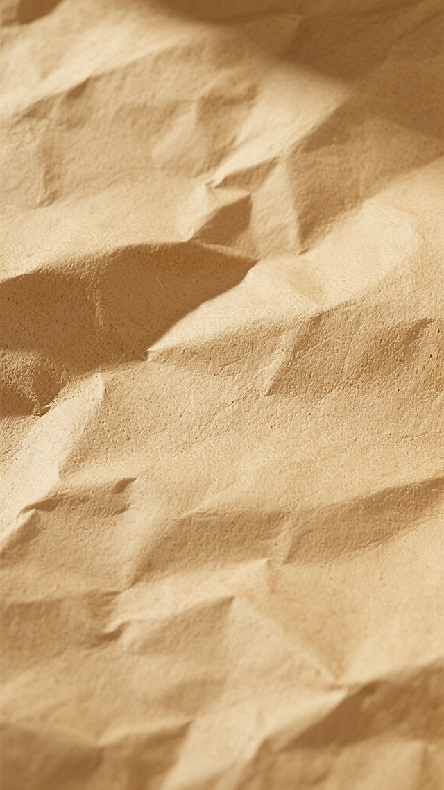 一张复古牛皮纸材质的背景，纸张表面带有明显的粗颗粒质感，呈现出中等程度的自然褶皱，整体色调为温暖的米黄色，局部因光线照射形成浅褐色的阴影，营造出陈旧而富有质感的氛围。