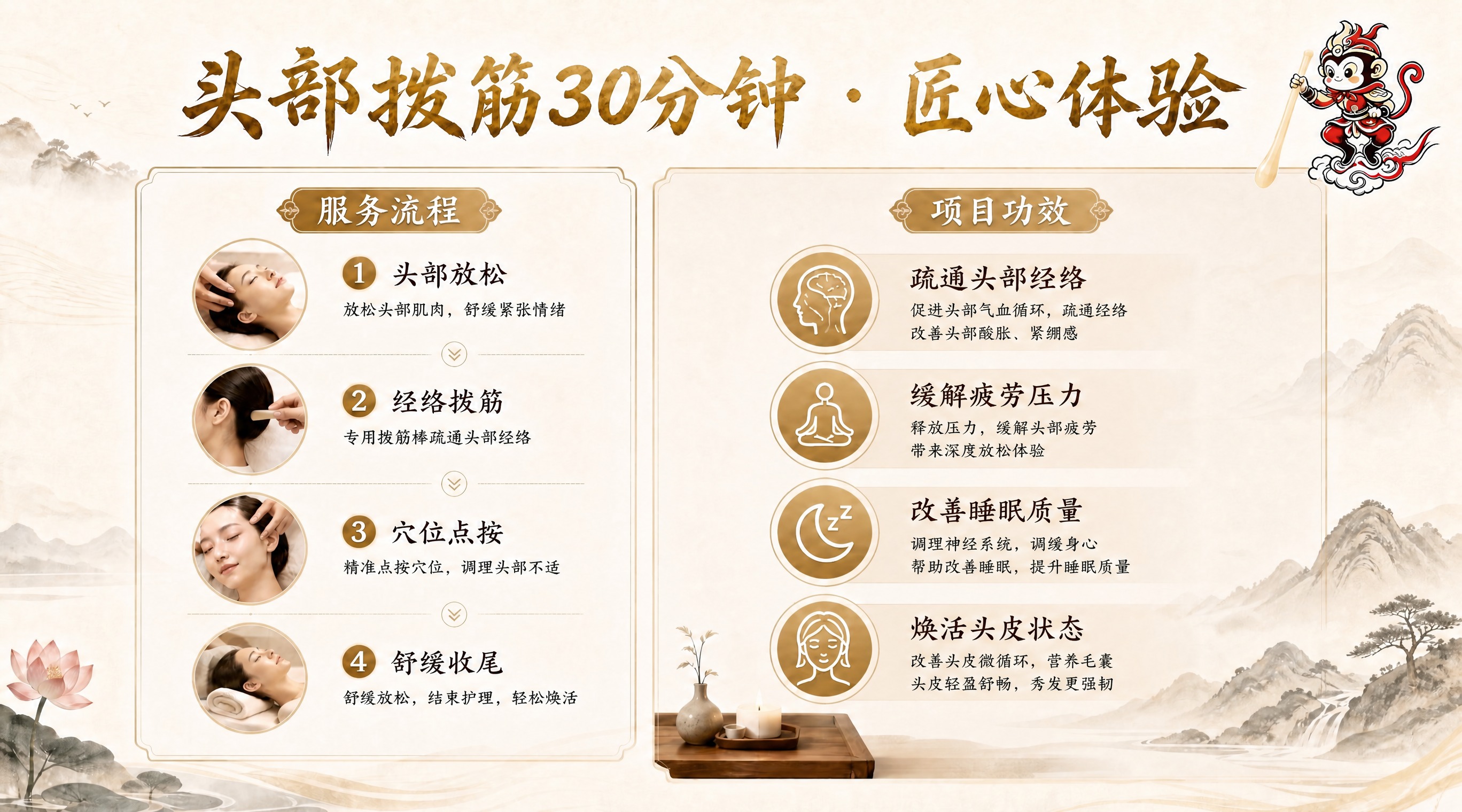 基于参考图进行修改：将顶部大标题"头部拨筋20分钟 · 匠心体… - 图片创意预览