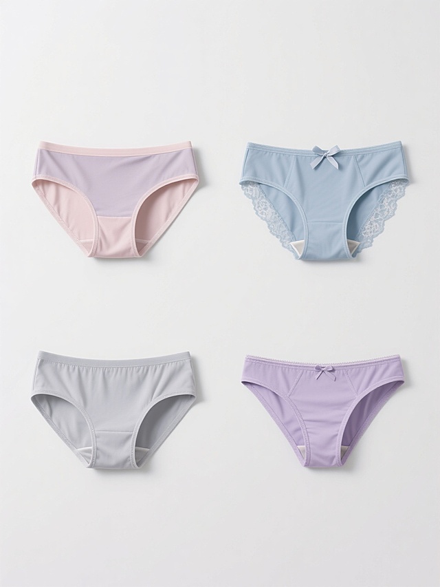 纯白纯色背景，4个完全不同设计的女士内裤系列素材集合，规整网格排布，每个内裤保持原图的简约写实风格，柔和细腻的布料质感，自然的光影过渡，清晰的边缘线条，不同颜色（浅粉、浅蓝、浅灰、浅紫），不同细节设计（如简约纯色款、侧边蕾丝拼接款、腰头蝴蝶结装饰款、微三角低腰款），统一的正面平铺视角，高清晰度，干净的画面，专业的产品展示效果