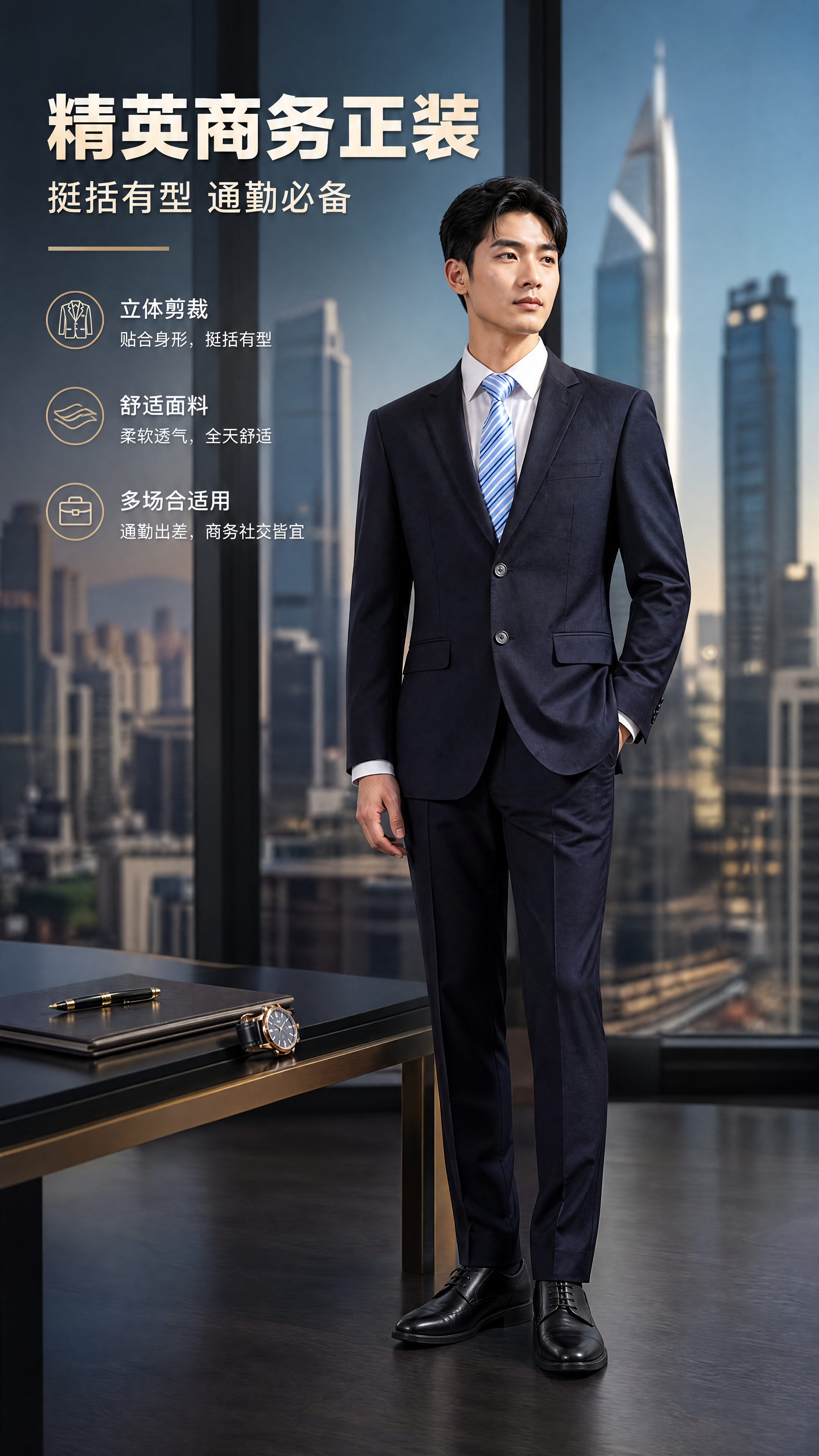[商品] 使用【图1】藏青色男士商务西服套装（两粒扣西装+西裤… - 图片创意预览