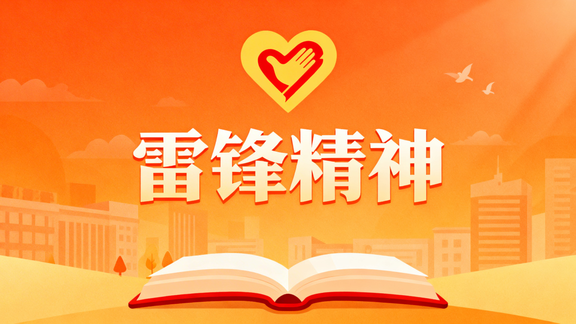 雷锋精神主题横屏视频封面，无真人形象，暖橙色调，融入爱心、志愿服务标识、书本等扁平化创意元素，传递奉献、互助的精神内涵，风格明亮积极，视觉醒目适合视频主页展示预览效果