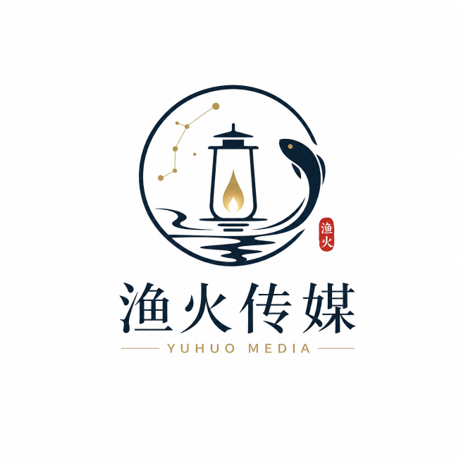设计一个名为“渔火传媒”的传媒公司logo，风格简约，融合科技感与古风感，线条简洁，既有现代科技的简约利落，又带东方古韵雅致，适合商业品牌使用预览效果