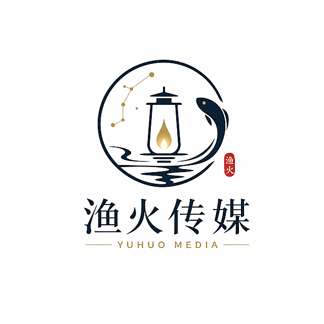 设计一个名为“渔火传媒”的传媒公司logo，风格简约，融合科技感与古风感，线条简洁，既有现代科技的简约利落，又带东方古韵雅致，适合商业品牌使用