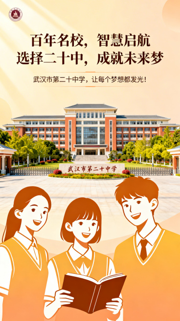 武汉市第二十中学招生宣传海报开头页，标题文字："百年名校，智慧启航 选择二十中，成就未来梦"，副标题文字："武汉市第二十中学，让每个梦想都发光！"，大气简约校园风设计，庄重正式，暖色调预览效果
