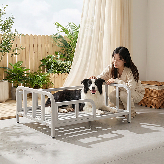 浅灰色金属框架狗床，保持原产品物理结构绝对不变，床下面没有轮子，床腿没有额外东西，床上没有床垫。产品主体不变形不扭曲。
平视视角，主体居中构图，平稳放置在北欧阳台的浅灰色瓷砖地面上，有清晰接触阴影。
背景是浅木色围栏和绿色盆栽植物，浅奶白色纱帘，小清新家庭阳台氛围。
床上趴着一只开心微笑的边牧，一位年轻东亚女孩跪坐在旁边轻轻抚摸狗狗的头，神态温柔自然。
全屋漫射柔光，阴天通透光线，低对比度，阴影极淡，画面明亮干净，奶油暖色调。
阳台微风飘动白纱，地面洒落斑驳阳光树影，角落放一个藤编收纳筐，增添生机。
商业氛围感种草摄影，8K分辨率，柔和质感，小清新治愈风格，适合淘宝。保持 1:1 画面比例。