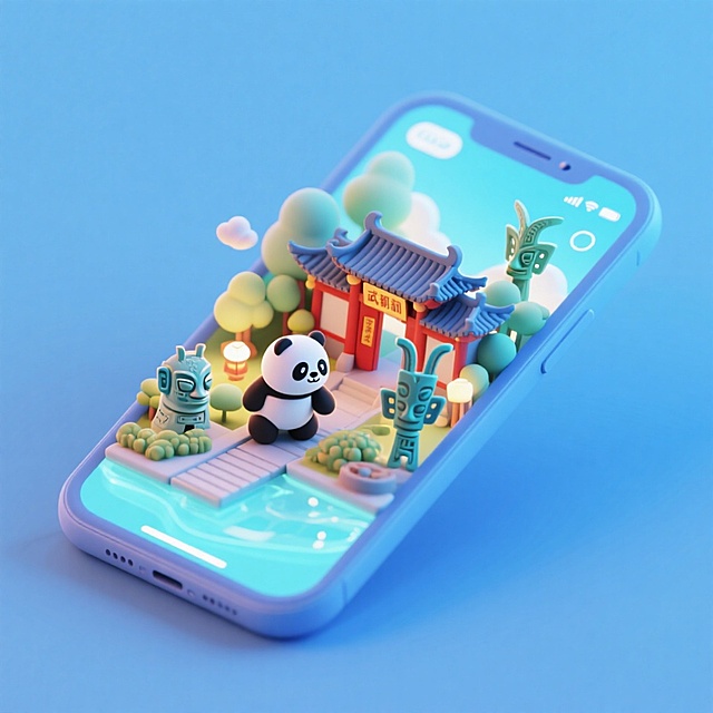 一个手机创意微缩场景，手机平放，侧面对着观众，手机俯视角度，立体的成都景观从屏幕内出来，有熊猫，三星堆，武侯祠，整体色调立体魔幻。青色背景。具有梦幻感,打光营造出柔和氛围强调梦幻和未来感的美学。