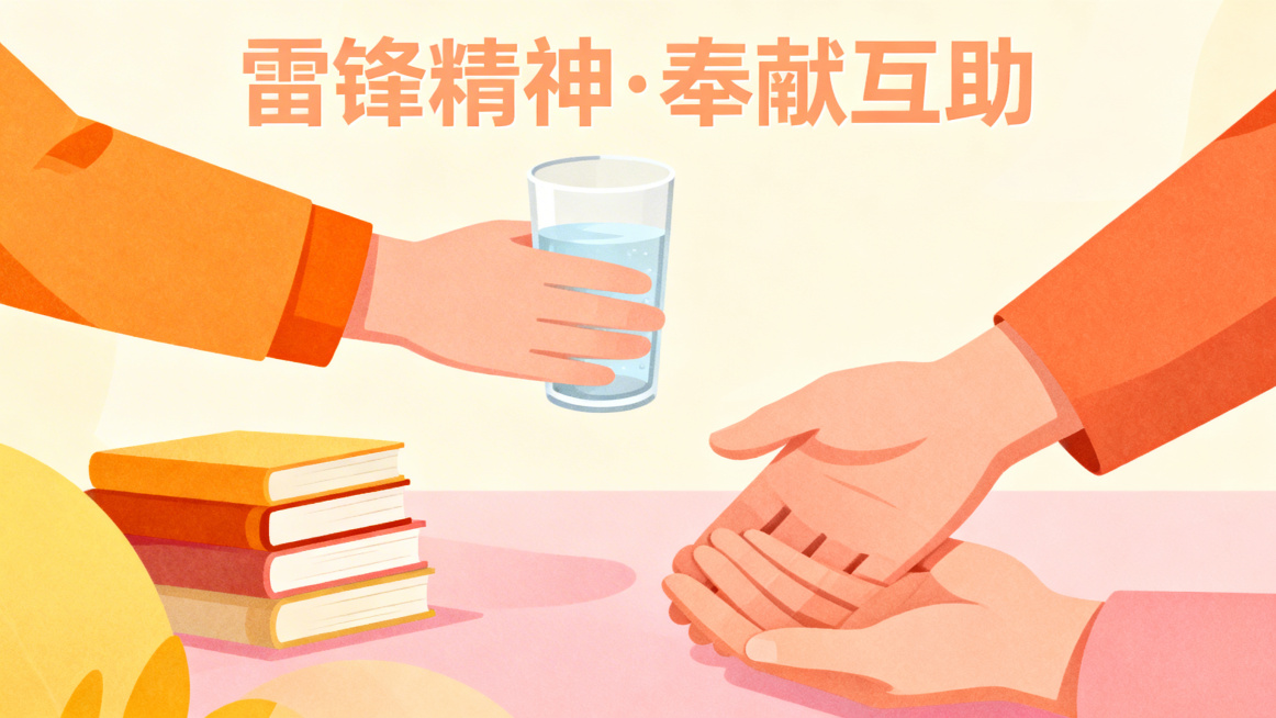 雷锋精神主题横屏视频封面，无真人形象，暖色调，用手递水、帮扶、书籍等抽象插画元素展现奉献互助内核，风格清新正能量预览效果