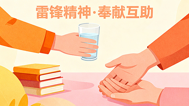 雷锋精神主题横屏视频封面，无真人形象，暖色调，用手递水、帮扶、书籍等抽象插画元素展现奉献互助内核，风格清新正能量