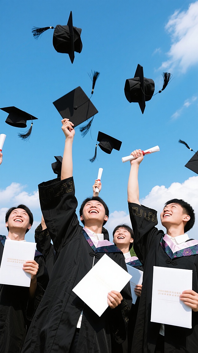 一群身着黑色毕业礼服、手持白色毕业证书的毕业生们，在晴朗的蓝天下，面带灿烂笑容，高高抛起黑色的毕业帽，帽穗在空中飞扬，洋溢着毕业的喜悦与青春的活力，阳光明媚，白云点缀，充满欢庆与希望的氛围，展现毕业季的美好瞬间。