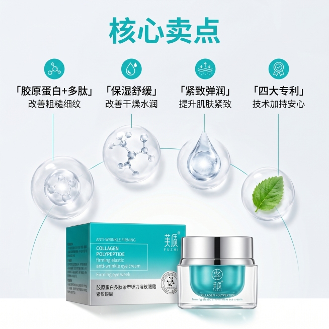 [主图 2] 芙质胶原蛋白多肽眼霜核心卖点展示。
[氛围风格] 专业成分解析风，简约干净的科研氛围。
[画质] 商业摄影质感，光线柔和通透，画面干净高级，文字清晰锐利。
[元素] 眼霜产品放置在画面底预览效果