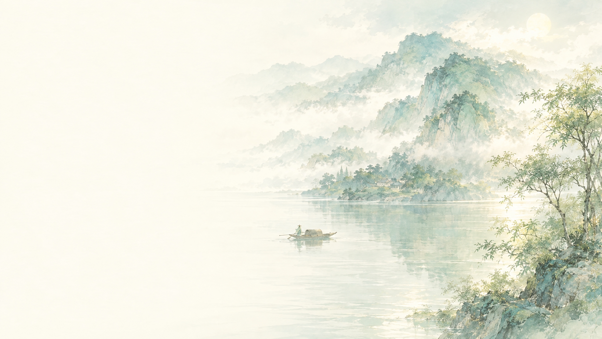 参考图的古风水彩淡彩画风，绘制《与朱元思书》主题的富春江山水景… - 图片创意预览