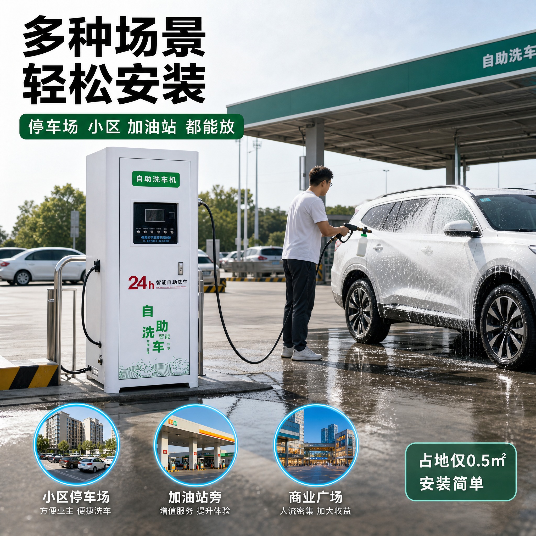 [主图-4] 自助洗车机 实际使用场景 展示洗车机在户外停车场… - 图片创意预览