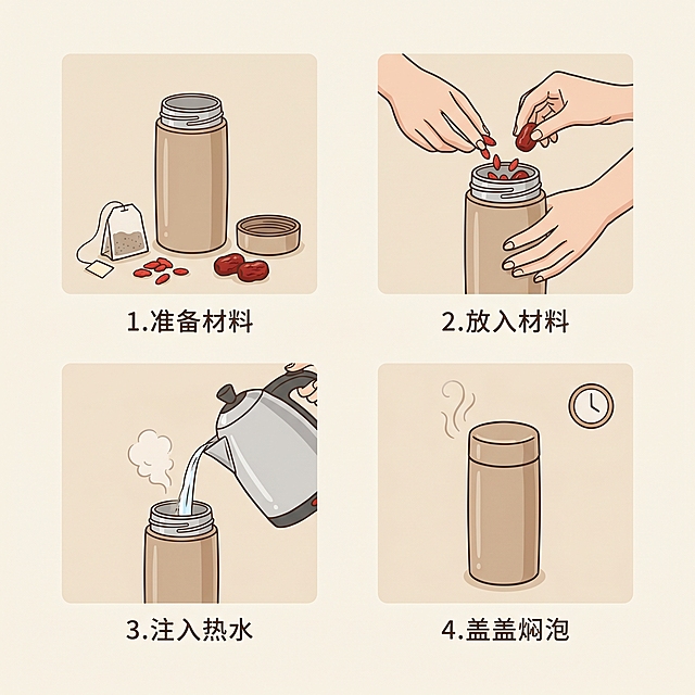 1:1正方形公众号步骤图配图，简约浅底色，展示保温杯里泡养生茶的简易冲泡流程，清晰易懂