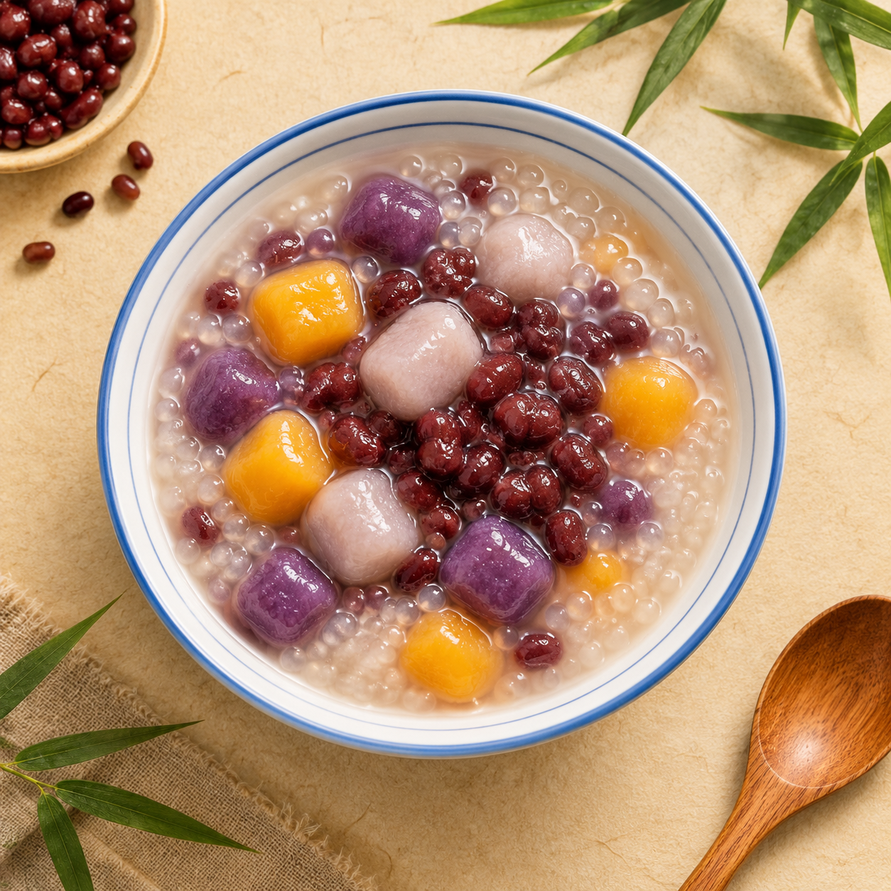 一碗精致的中式糖水甜品——芋圆红豆西米露，彩色Q弹芋圆、深红色… - 图片创意预览