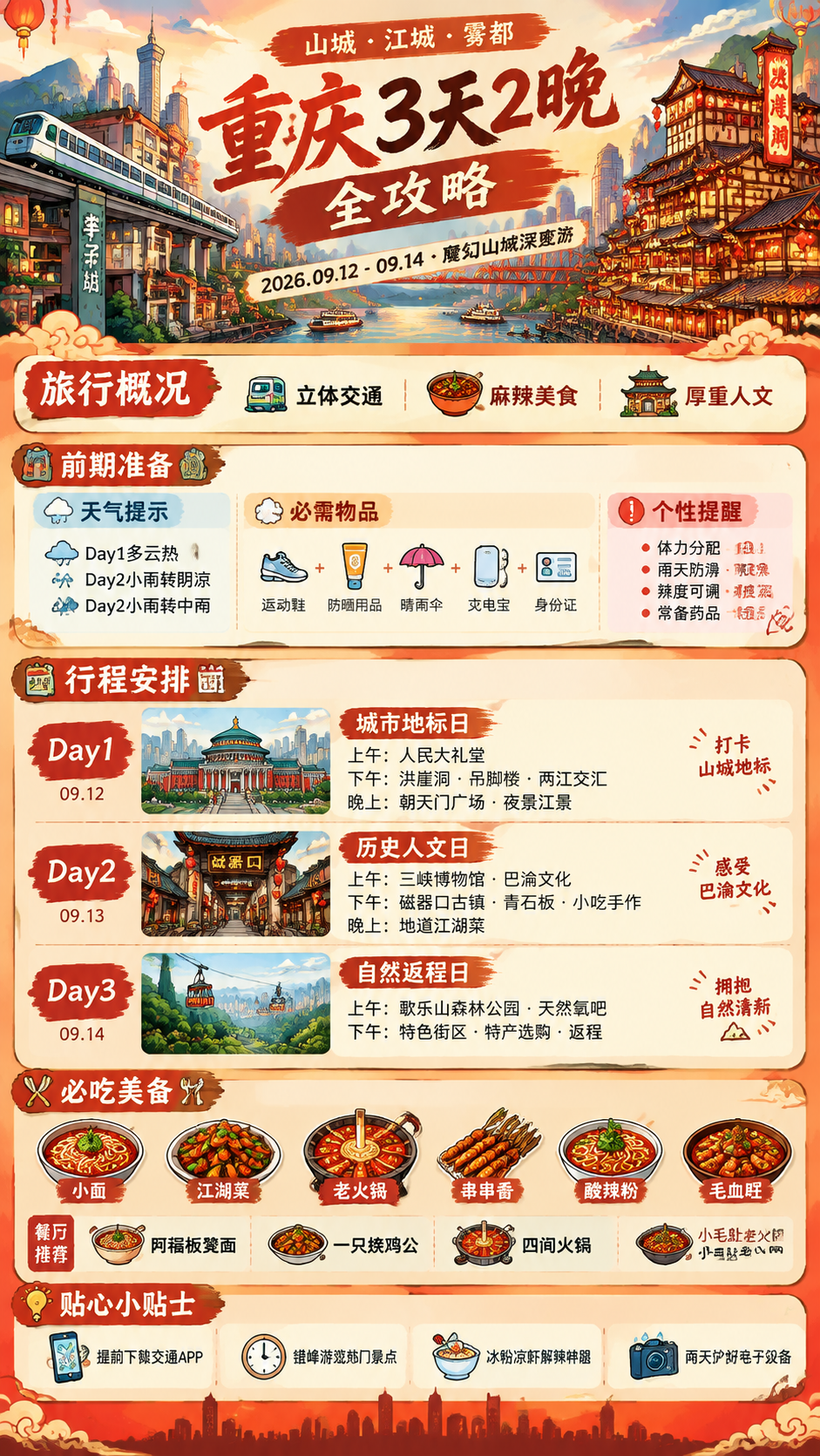 一张重庆3天2晚完整旅游攻略长图海报，竖版9:16比例，国潮市… - 图片创意预览