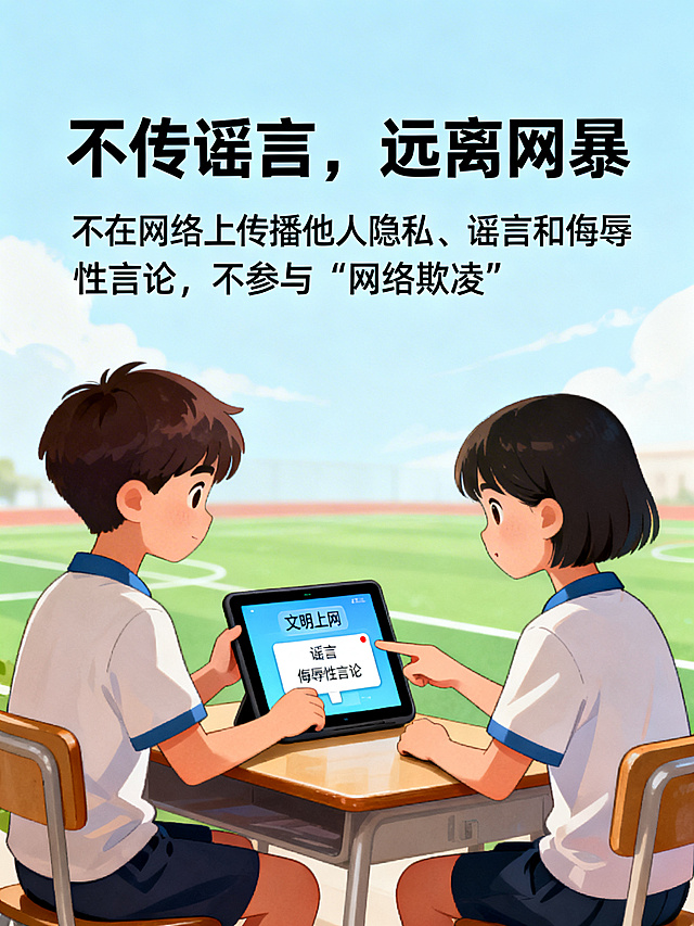 校园防欺凌宣传海报，明亮温暖风格，顶端标题为“不传谣言，远离网暴”，下方配文“不在网络上传播他人隐私、谣言和侮辱性言论，不参与‘网络欺凌’”，文字字体统一为清晰易读的黑体，大小协调不遮挡画面，画面主体为学生文明使用电子设备、拒绝网络不良信息的场景，色彩明快适合校园宣传栏展示
