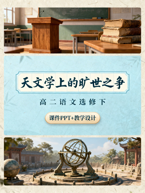 上区1/8是复古高中语文课堂，有木质讲台、旧书籍；中区3/8是独立淡蓝色背景，第一行色框填充行书手写字体的"天文学上的旷世之争"，第二行每个文字居中排布的"高二语文选修下"，第三行圆角矩形框的"课件P预览效果
