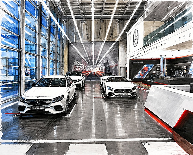 参考原图内容，将图片转换为马克笔画风，保留奔驰展厅的汽车和展厅布局，采用马克笔手绘风格