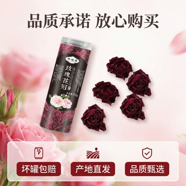 [主图 8] 服务承诺展示，促进转化；氛围风格：简洁可信，清爽干净；画面元素：背景为产品玫瑰花冠浅底虚化，前景展示产品罐装和干花，底部设置半透明悬浮条；配色色系：浅色背景，深色文字；视角构图：产品在中预览效果