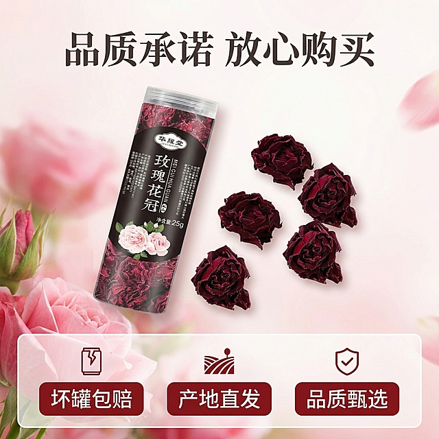 [主图 8] 服务承诺展示，促进转化；氛围风格：简洁可信，清爽干净；画面元素：背景为产品玫瑰花冠浅底虚化，前景展示产品罐装和干花，底部设置半透明悬浮条；配色色系：浅色背景，深色文字；视角构图：产品在中上区域，服务信息在底部，平衡构图；文字版式：主标题“品质承诺 放心购买”放在顶部，底部三列服务亮点“坏罐包赔”“产地直发”“品质甄选”白色文字红色底块，清晰明了；比例分辨率：1:1比例，2k分辨率。