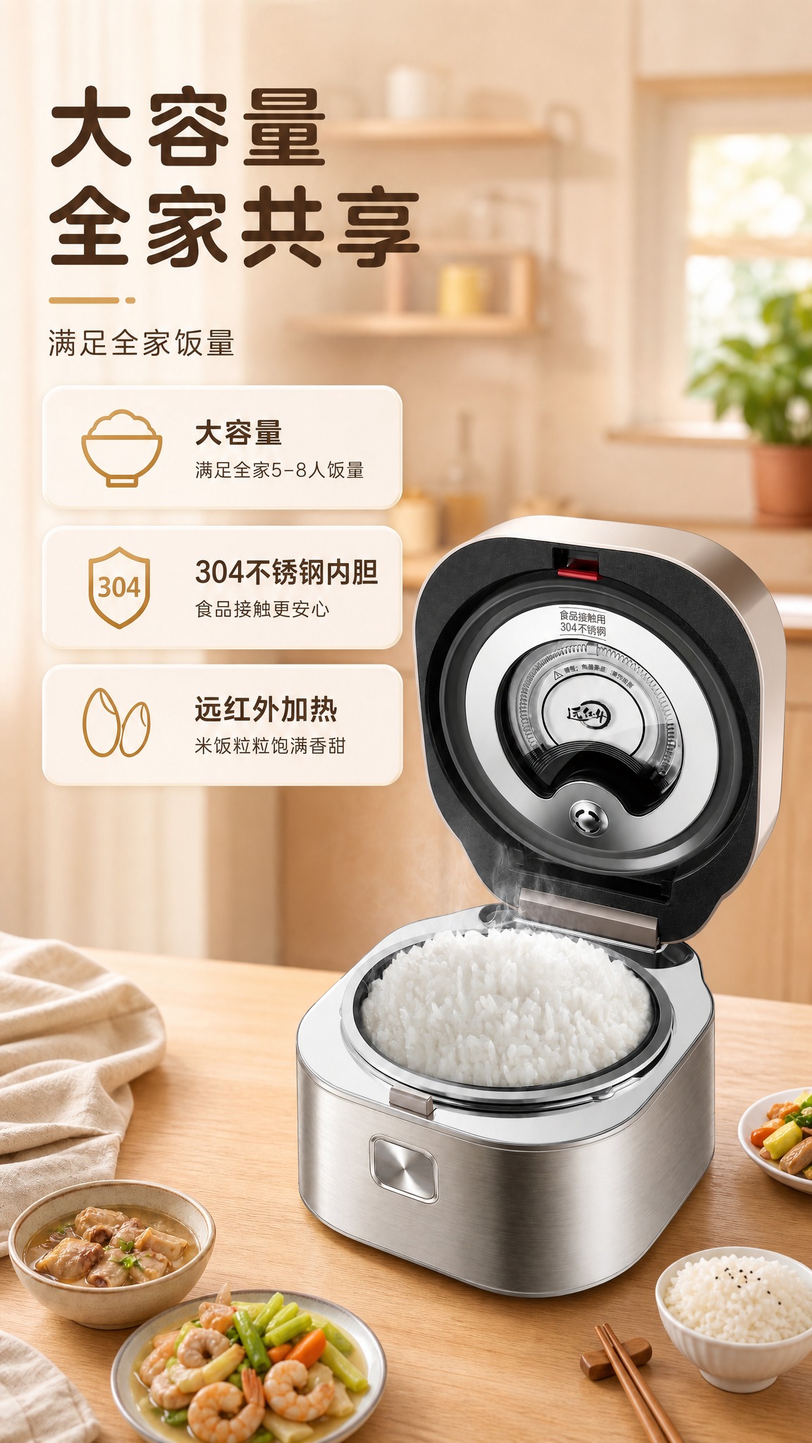 将这张电饭煲电商主图调整为9:16竖版比例。保持产品主体、文字… - 图片创意预览