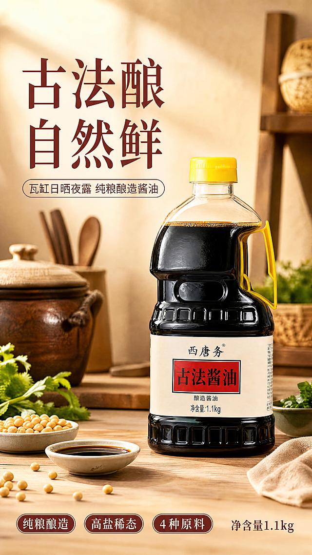 [第1张] 详情页头图-西唐务古法酱油主视觉海报。本张使用【图1】作为商品主体，保持瓶身结构、黄色瓶盖与提手、标签文字与颜色完全一致。
[氛围/风格] 中式家常烟火气+古法酿造质感，暖调温馨，商业摄影质感，高级有食欲。
[元素布局] 酱油瓶置于画面右侧中部，占比约60%-65%，瓶身正面朝向观众；左侧为中式厨房场景虚化背景，可见木质灶台、粗陶碗、黄豆小碟、葱花香菜等元素；前景有浅木色台面，散落几粒黄豆和一小碟酱油；瓶身结构、黄色瓶盖、黄色提手、米白底红框标签与输入产品图完全一致。
[光影质感] 左上方柔和自然光，右侧辅光补亮瓶身暗部，瓶底自然投影在台面上，整体暖调通透，酱油液体呈现红亮光泽。
[配色色系] 全局底色 #F5E6D3（暖米棕）；主色深棕红+米白；辅助色原木色、黄豆黄、标签红。
[视角构图] 正面微仰视，产品为视觉中心，阅读动线左上标题→右侧产品→底部信息条。
[文字版式] 左上标题区+右侧产品+底部信息条。主标题「古法酿 自然鲜」，温润宋体大字；副标题「瓦缸日晒夜露 纯粮酿造酱油」，圆角黑体小字；底部左侧三个卖点胶囊「纯粮酿造」「高盐稀态」「4种原料」，右下角标注「净含量1.1kg」；字色为深棕红+米白，全套统一此字形字色；文字不遮挡瓶身主体。
[比例分辨率] 9:16竖版比例，4K分辨率，文字清晰可辨，高清画质。
[负向提示词] 瓶身变形，缺件错件，颜色偏差，瓶盖颜色错误，标签文字错乱，水印，文字过小，背景杂乱，产品模糊。