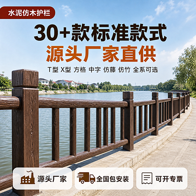 [主图-1] 主题：水泥仿木护栏 河道景观真实场景广告创意图，突出源头厂家与多款式优势。
[统一基调] 专业品质建材风格，整体明亮自然，以蓝天碧水户外自然光为主色调，标题字用深棕色与白色搭配，强调色为深木棕色，字体为粗黑体无衬线，字号层级分明，卡片用圆角浅白底半透明样式，整体干净稳定不花哨。
[画面] 画面主体为水泥仿木护栏沿河道步道延伸的真实场景，护栏为深棕色仿木纹理水泥材质，竖杆加双横杆结构，与用户提供产品外观一致。护栏沿河道曲线向远处延伸，占据画面中下部约60%区域，近景护栏清晰展示仿木纹理细节。背景是晴朗蓝天、宽阔河道水面、对岸绿树与远处民居，阳光明媚。画面左侧前景护栏立柱做特写，展示逼真木纹质感。远处步道自然延伸，营造工程规模感。
[光影质感] 户外自然日光，主光从右上方照射，护栏立柱下方有自然阴影，水面有柔和反光。仿木纹理清晰立体，水泥材质厚重坚固感，商业摄影高清质感，场景真实自然。
[配色] 主背景为蓝天碧水自然色，护栏为深棕仿木色，标题文字深棕色+白色，强调色木棕色，整体色调温暖自然，专业可信。
[文字版式] 左上角放圆角红棕色底白字标签"水泥仿木护栏"；上部居中大标题两行：第一行"30+款标准款式"黑色粗体大字，第二行"源头厂家直供"橙色粗体大字；中下部小字一行"T型 X型 方格 中字 仿藤 仿竹 全系可选"；底部横向三个圆角图标卡片从左到右分别为：工厂图标+"源头厂家"、货车图标+"全国包安装"、票据图标+"可开专票"。所有文字清晰可读，放在天空等负空间，不遮挡护栏主体。
[输出要求] 1:1正方形比例，2K高清，产品护栏清晰不变形，文字清晰无错字，场景真实自然，无水印无平台Logo，无价格信息，无促销标签。禁止出现价格数字、人民币符号、底价、特价等价格相关文字。