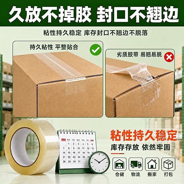 将这张透明封箱胶带持久粘性卖点主图的颜色风格统一改为绿色系，与绿色主图风格保持一致。具体修改：1. 顶部深蓝色标题栏"久放不掉胶 封口不翘边"改为深绿色底，白色文字保持不变；2. 左右两个对比框的蓝色边框改为深绿色边框；3. 底部四个图标（仓储、物流、搬家、打包）的蓝色边框和图标改为深绿色；4. 日历底座蓝色改为深绿色，时钟边框蓝色改为深绿色；5. 背景仓库货架的蓝色元素改为绿色系；6. 整体背景色从冷蓝色调改为淡绿色调；7. "粘性持久稳定"橙色大字保持不变；8. 左侧绿色对勾和右侧红色叉号保持不变；9. 纸箱和胶带产品本身外观保持不变；10. 保持所有文字内容、排版位置、产品形态完全一致，只替换颜色体系为绿色主色调。
