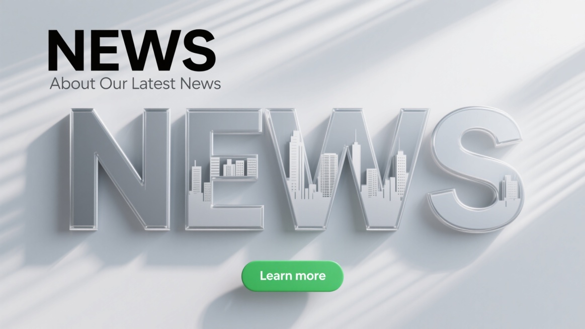 极简风格新闻背景素材，3D立体大写字母"NEWS"作为视觉主体，字母内部嵌入城市建筑群剪影，采用银灰色金属质感与透明玻璃质感的渐变融合，整体呈现干净利落的现代设计感。背景为浅灰色渐变，带有细腻的横向拉丝纹理，左上角以黑色无衬线粗体显示"NEWS"主标题，下方辅以小号灰色英文副标题"About Our Latest News"，底部居中位置有一个绿色圆角矩形按钮，内有白色文字"Learn mor……预览效果