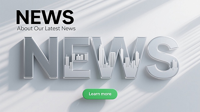 极简风格新闻背景素材，3D立体大写字母"NEWS"作为视觉主体，字母内部嵌入城市建筑群剪影，采用银灰色金属质感与透明玻璃质感的渐变融合，整体呈现干净利落的现代设计感。背景为浅灰色渐变，带有细腻的横向拉丝纹理，左上角以黑色无衬线粗体显示"NEWS"主标题，下方辅以小号灰色英文副标题"About Our Latest News"，底部居中位置有一个绿色圆角矩形按钮，内有白色文字"Learn more"。光线从右上角斜射，在字母边缘形成柔和高光与轻微阴影，营造出简洁专业的新闻氛围，符合现实逻辑的空间透视，信息层级清晰，视觉焦点突出，适合作为新闻相关场景的背景素材使用。