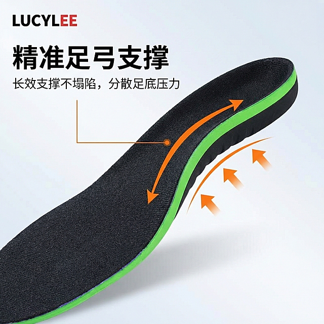 [主图 2] 产品细节展示主图
[主图主题] 足弓支撑设计细节展示
[氛围/风格] 简约专业清新风格，柔和光影，品质感
[画面元素] 产品特写，重点展示鞋垫的足弓支撑部位结构，搭配引导箭头指向支撑部位，展示产品的立体弧度，背景为干净的渐变色，左上角放置品牌logo LUCYLEE
[配色色系] 主色调：浅背景，产品黑绿；辅助色：橙色箭头
[视角构图] 特写俯视，主体居中
[文字版式] 左上角品牌 "LUCYLEE"，主标题 "精准足弓支撑"黑色粗体，下方标注核心卖点 "长效支撑不塌陷，分散足底压力" 深灰色小字，箭头引线指向足弓部位说明结构，文字简洁不遮挡主体。
[比例分辨率] 1:1 比例，2k分辨率，保持产品外观和用户参考图一致。