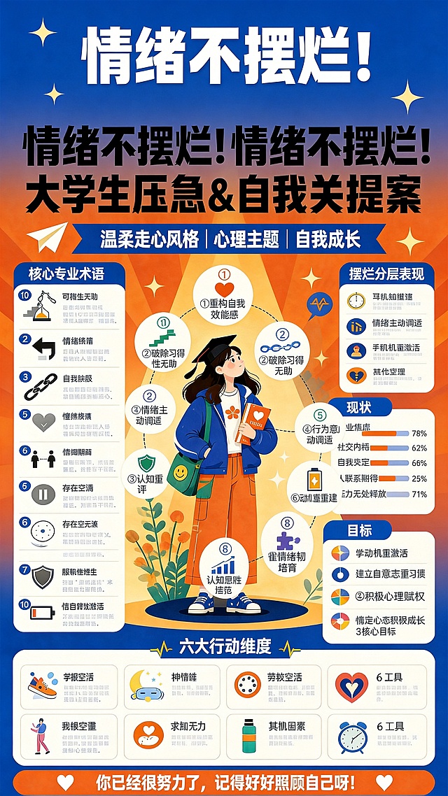 在第一张海报（https://dify-grsai.dancf.com/images/788b2755c267416d906f28b1cd422b79.png）基础上，将中心人物（戴学士帽女生）四周环绕的8个信息模块（原为‘十大策略’相关图标与文字）完全替换为第二张图（https://gdesign-dam-hz.dancf.com/36564247187411060/2ae9630a997f4399ab78b7225e38d48e.jpg）中围绕人物的8个模块内容：①重构自我效能感 ②破除习得性无助 ③认知重评 ④情绪主动调适 ⑤行为意志重建 ⑥积极心理赋权 ⑦动机重激活 ⑧情绪韧性培育，每项保留原图标样式、编号圆圈（①–⑧）及简短说明文字；其余所有区域（左侧核心术语10项、右侧现状/目标、底部六大行动维度等）保持不变，确保仅中心环绕区更新，风格统一、布局精准
