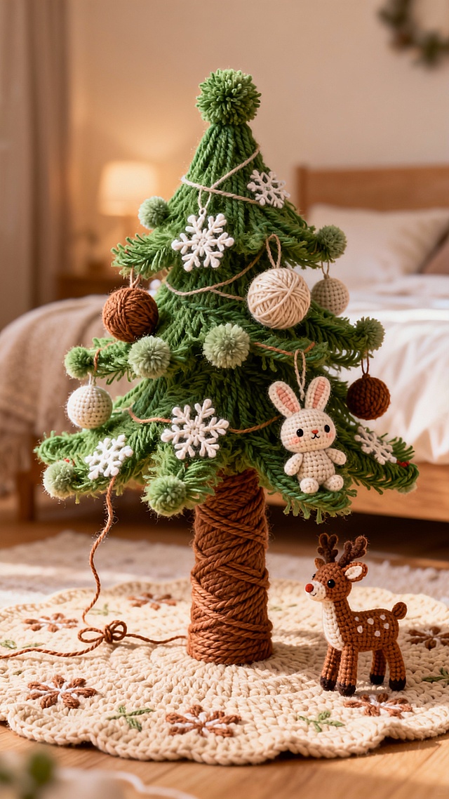 一棵手工编织圣诞树，树干是棕色粗毛线编织，带有缠绕纹理，树枝是绿色细毛线，蓬松编织，带有毛球装饰，树上装饰着针织雪花、毛线球、绒线小动物如兔子和小鹿，底部是米色带花纹的针织地毯，背景是暖色调的卧室，光线柔和，整体呈现3D立体编织质感，细节处有毛线结和线头，营造出治愈的手工氛围