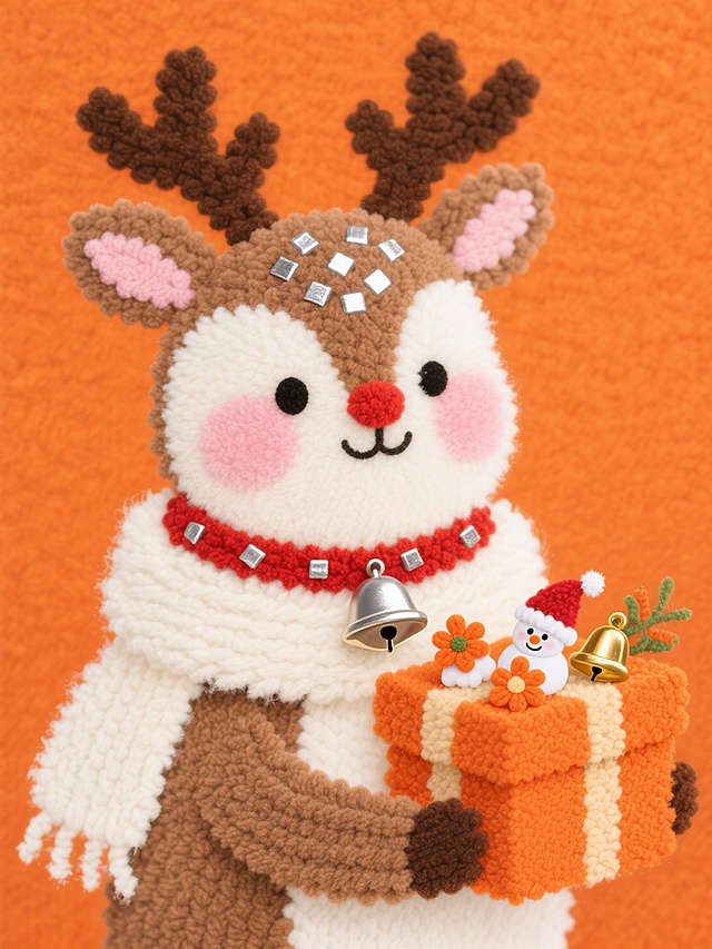 毛发生长风与刺绣风结合的软3D插画，萌趣驯鹿怀抱礼物盒，点缀雪人与铃铛，温暖橙色背景烘托圣诞喜庆氛围。