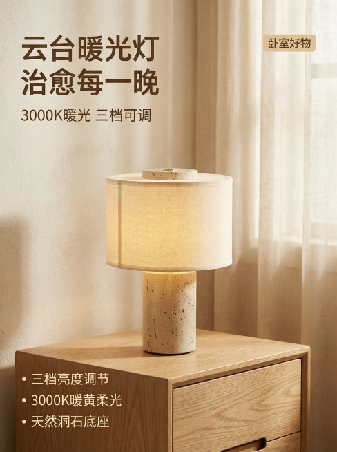 [主图 1] 云台台灯温馨卧室床头场景首图
[氛围/风格] 温馨舒适家居治愈风，暖光氛围，柔和自然光影，真实卧室氛围感
[画面元素] 保留原产品外观：天然洞石圆柱底座，亚麻布艺圆形灯罩；放置在现代简约预览效果