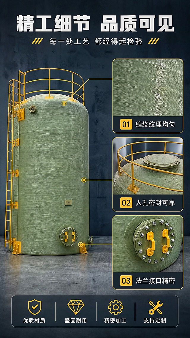 [商品] 使用【图1】立式玻璃钢储罐；保留绿色罐体缠绕纹理、黄色爬梯护栏、顶部人孔盖、底部法兰接口等细节；放大展示关键部位细节质感。
[画面] 目标：细节微距，关键部位放大展示。构图：主图+3细节卡布局，左侧为储罐整体侧视（占画面45%），右侧竖向排列3个圆形/方形细节放大框，分别放大：①罐体表面缠绕纹理 ②顶部人孔与护栏 ③底部法兰接口；每个细节框配黄色引线指向对应部位。
[视觉] 套系策略：风格=工业风专业商业摄影；标题字=粗黑体硬朗工业风；正文字=简洁无衬线黑体；主色=深蓝灰工业色；背景延展=基于深蓝灰做深浅层级、同色渐变和金属/水泥质感；强调色=明黄色，仅用于小面积图标、引线、标签和重点数字高亮；标题色=白色/浅灰；正文色=浅灰/中灰；组件=深色半透明信息卡、黄色细线引线、工业风图标；光影=侧上方硬光，突出罐体体积感与工业质感。
[文字] 顶部主标题「精工细节 品质可见」，副标题「每一处工艺 都经得起检验」；3个细节框下方各配4-6字说明：「缠绕纹理均匀」「人孔密封可靠」「法兰接口精密」；文字全部横排，手机端可读。
[规格] 图片比例9:16竖版，4K分辨率，medium质量；避免变形、错字、文字过小、卡通风格、细节失真、出现极限词。