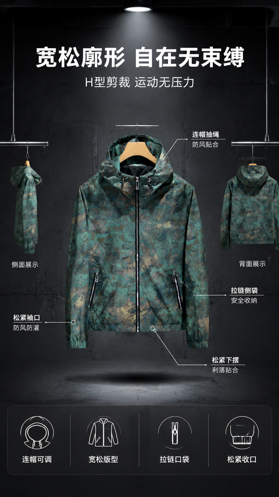 [第3张] 详情页版型解析-复古做旧迷彩连帽夹克多角度廓形展示… - 图片创意预览