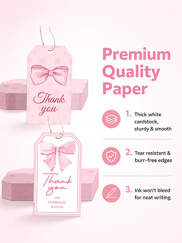 「图片1」「图片1」「图片1」「图片1」
50 Pcs Pink Bow Thank You Tags – White Paper Gift Tags with Bowknot for Baby Shower, Bridal Shower, Wedding & Birthday Party Favors ；🎀 Premium Quality Paper Tags – Crafted from thick white cardstock, these thank you tags are sturdy and smooth. The premium paper is resistant to tearing and has clean, burr-free edges for a safe and elegant finish. Ink won’t bleed, allowing you to write your messages neatly. 💕 Exclusive Pink Bow Design –The adorable pink bowknot pattern paired with the simple message “Thank you for celebrating with us” adds a touch of sweetness and sincerity to your gifts—perfect for expressing heartfelt gratitude to your guests. ✂️ Easy to Use – Each tag comes pre-punched with a hole and includes a matching string, making it quick and simple to attach to any gift bag, box, or favor. You can also write personal notes or blessings on the back for a thoughtful finishing touch. 🎉 Perfect for Any Occasion – These pink thank you tags are ideal for baby showers, birthdays, weddings, bridal showers, anniversaries, or seasonal parties. Use them as thank you labels, gift bag tags, or message cards to make your packaging more memorable. 💌 Express Your Appreciation – Whether you’re preparing return gifts, favor bags, or handmade crafts, these cute bowknot thank you tags help you show your love and gratitude in a charming and stylish way.
根据我的产品图和产品信息，给我一套详情页，图片的文案要英语
