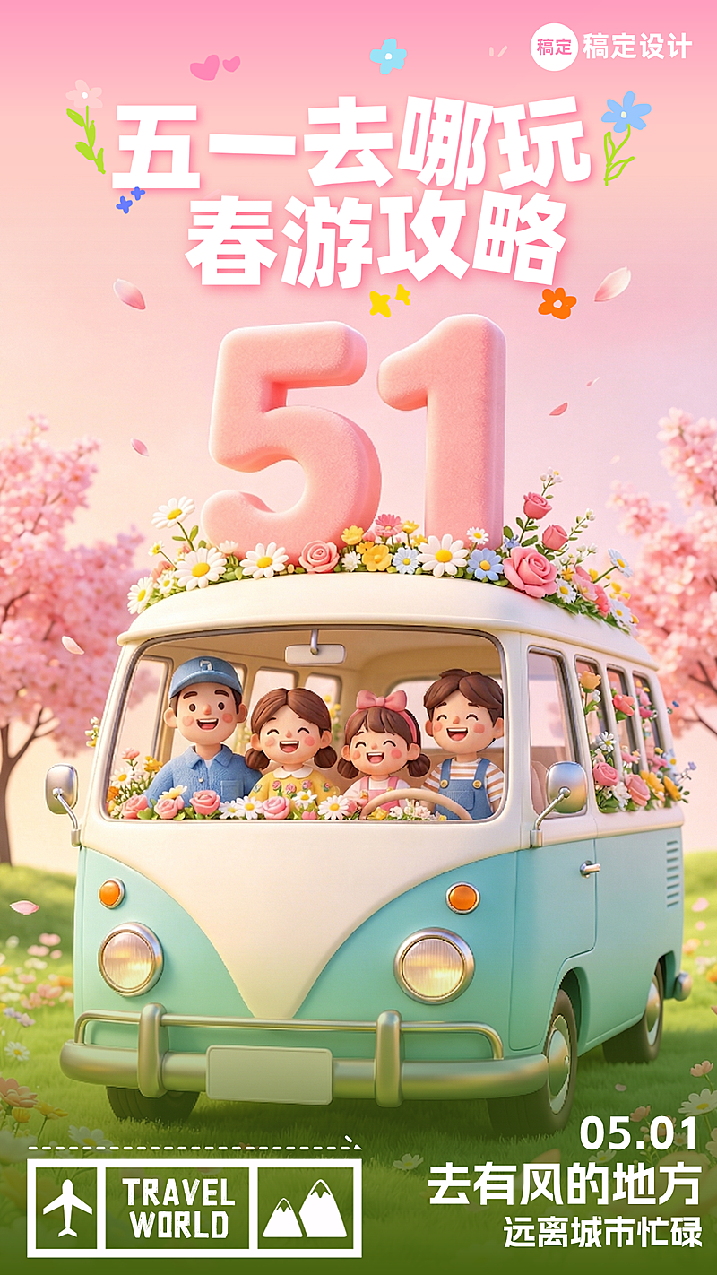 五一出游季劳动节旅游野餐夏天3D风全屏海报