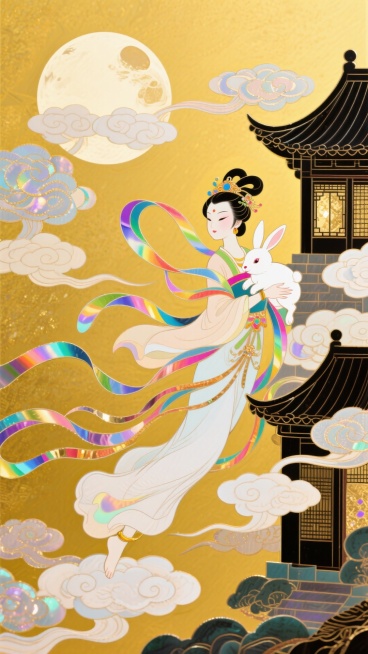 日漫风格，嫦娥怀抱玉兔脚踩祥云奔向一轮圆月，衣摆飘逸。周围环绕着祥云，背景古典房屋，金色底色，非常规的动态构图预览效果