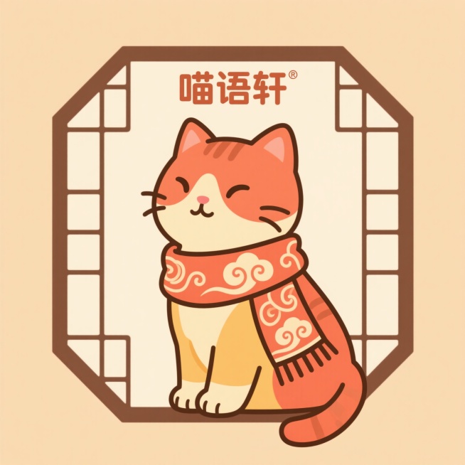 一个猫咖的logo，主体是一只可爱的卡通猫咪，猫咪的姿态优雅，眼神温柔，身上融合传统中国元素，比如带有祥云图案的围巾或项圈，背景是简约的传统窗棂或灯笼轮廓，整体风格融合国潮与可爱，色彩采用暖色调，突出预览效果