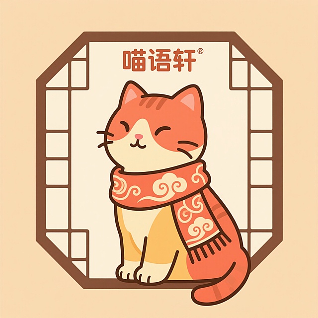 一个猫咖的logo，主体是一只可爱的卡通猫咪，猫咪的姿态优雅，眼神温柔，身上融合传统中国元素，比如带有祥云图案的围巾或项圈，背景是简约的传统窗棂或灯笼轮廓，整体风格融合国潮与可爱，色彩采用暖色调，突出温馨舒适的氛围，“喵语轩”