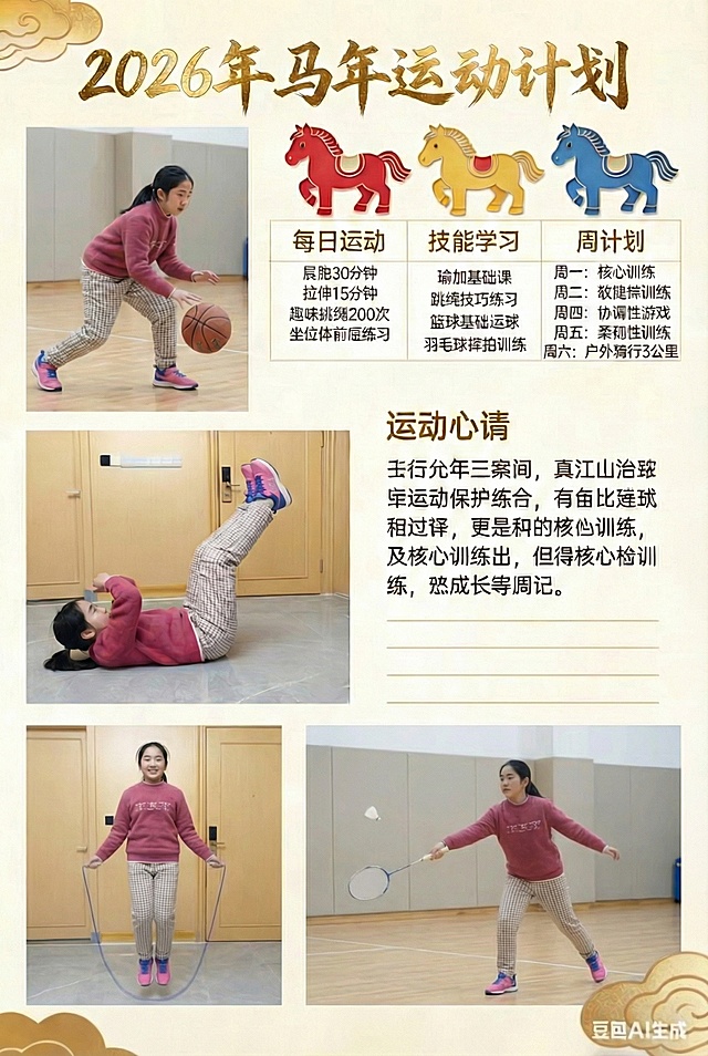 将最后一排两张图替换为其他运动动作，其余内容不变