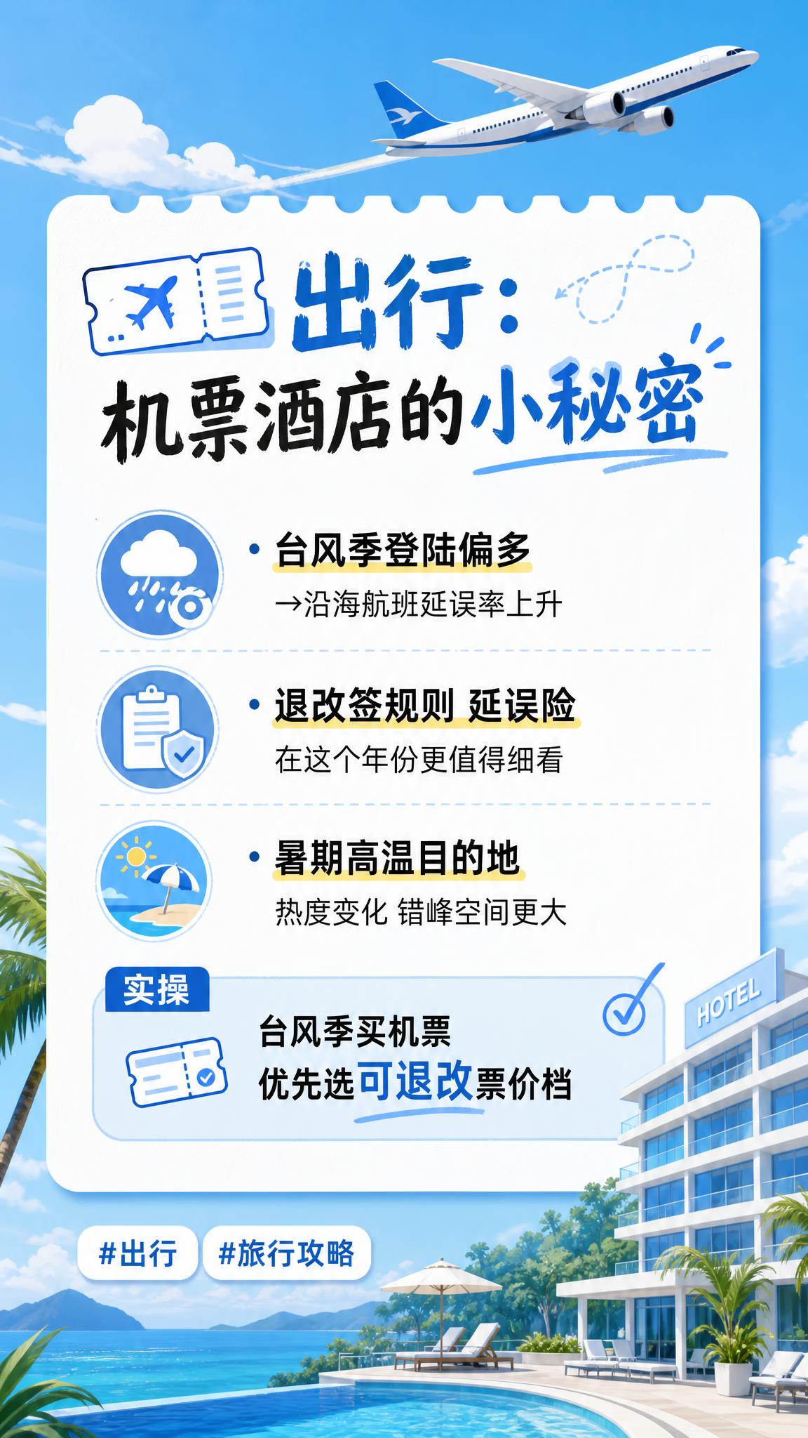 小红书风格信息卡，出行机票酒店主题，9:16竖版，旅行蓝色调，… - 图片创意预览