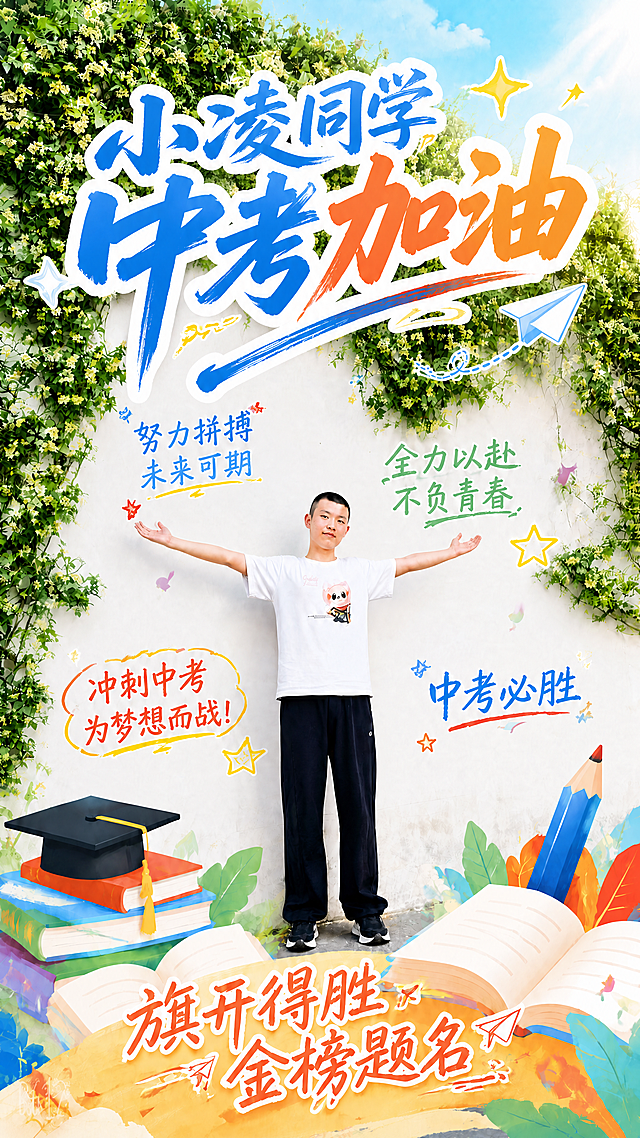 在主标题"中考加油"前面添加文字"小凌同学"，保持原有活泼笔触的书法字体风格，颜色和现有标题配色保持一致，不改变海报其他任何内容，保留所有人、文字、装饰元素不变